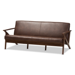 Baxton Studio Bianca Mid-Century Modern Walnut Wood Dark Brown Distressed Faux Leather 3-Seater Sofa